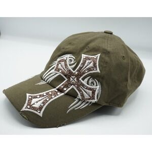 Pit Bull Army Cap Strapback OS Hat Rhinestone Cross Distressed Cotton Wings